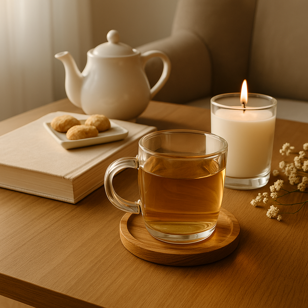 Mesa acogedora con una taza, galletas y una vela encendida, ideal para disfrutar del aroma relajante 'Tu Momento'.