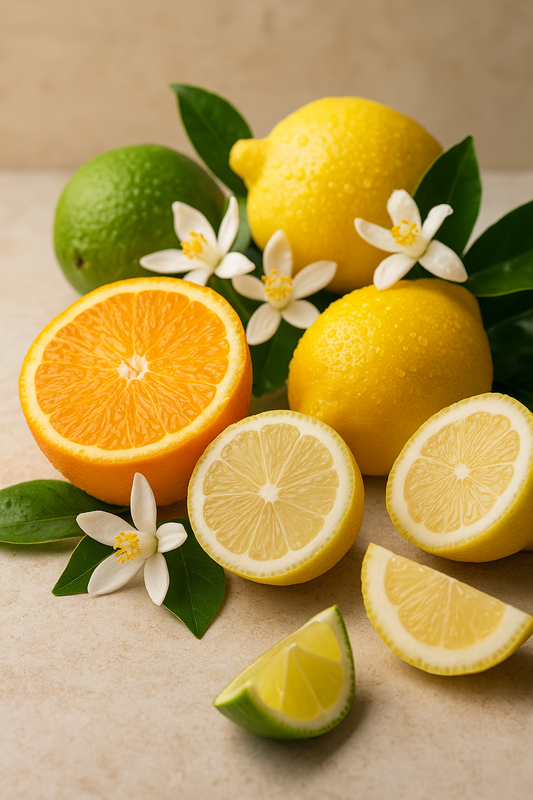 Cítricos frescos con flores, mostrando la combinación de limón, lima y naranja, inspirando el aroma citrico de 'Pureza Cítrica'.