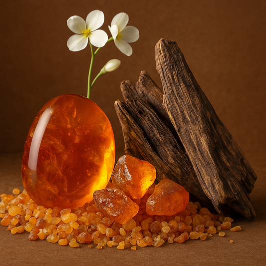 Cristales de ámbar, madera y flores, símbolo del aroma hotel elegante de Elegant Ámber & Oud.