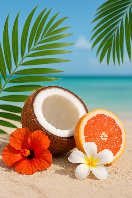 Composición tropical con coco, flores y frutas, evocando el aroma verano de Paraíso de Verano.