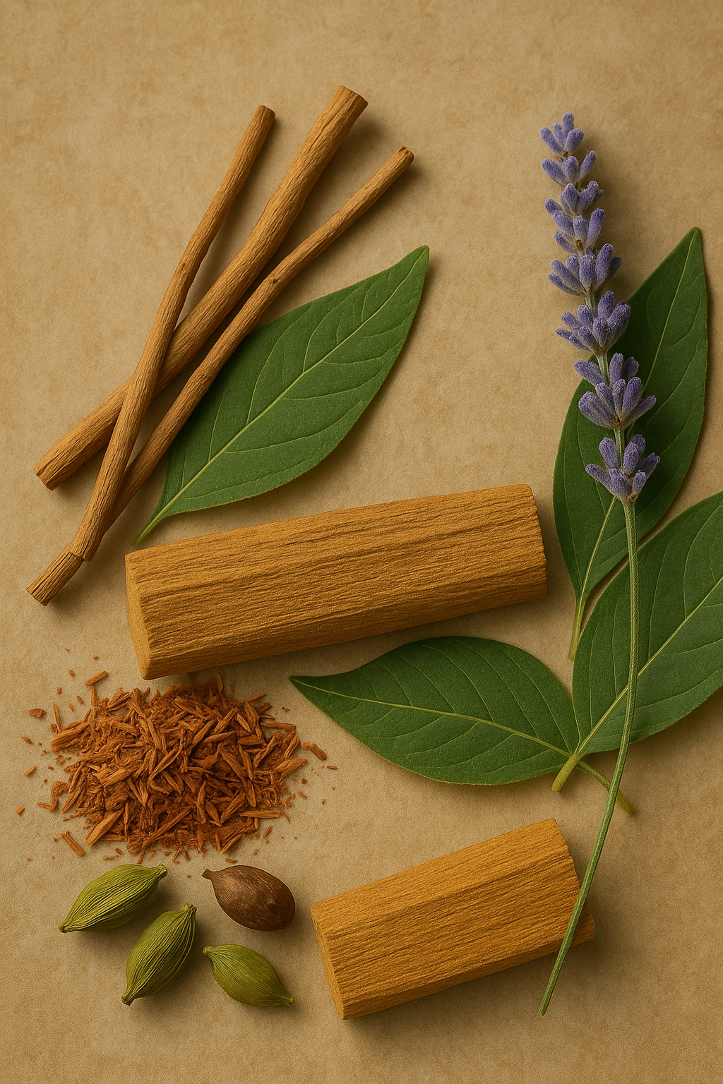 Composición de ingredientes naturales usados en la fragancia Santal 33, incluyendo madera de sándalo, hojas verdes y flores, que evocan un aroma cálido y sofisticado.