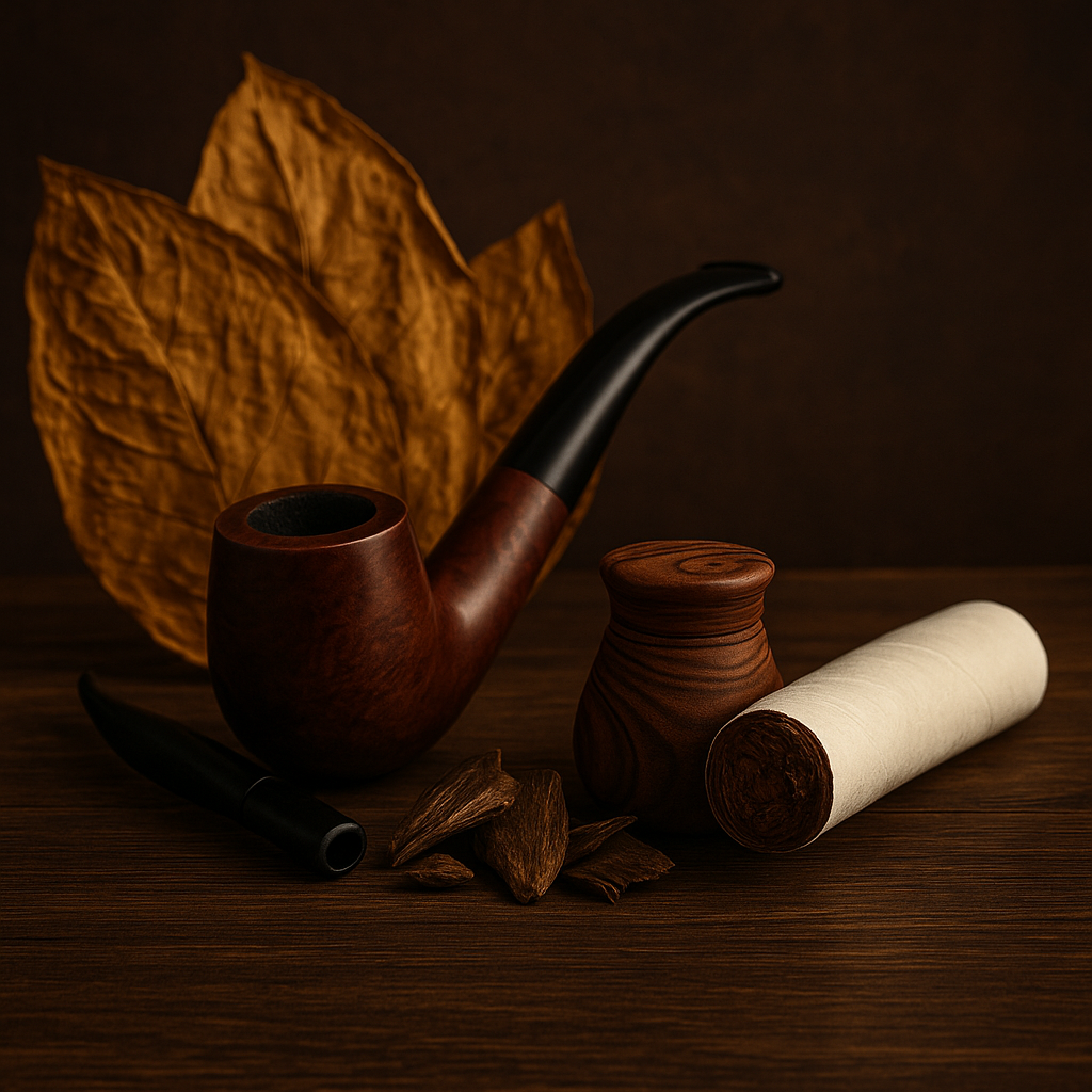 Pipa de fumar de madera con hojas de tabaco y piezas de madera, simbolizando el aroma maderosa de Tabaco Oud White de Maison D'Arôme.