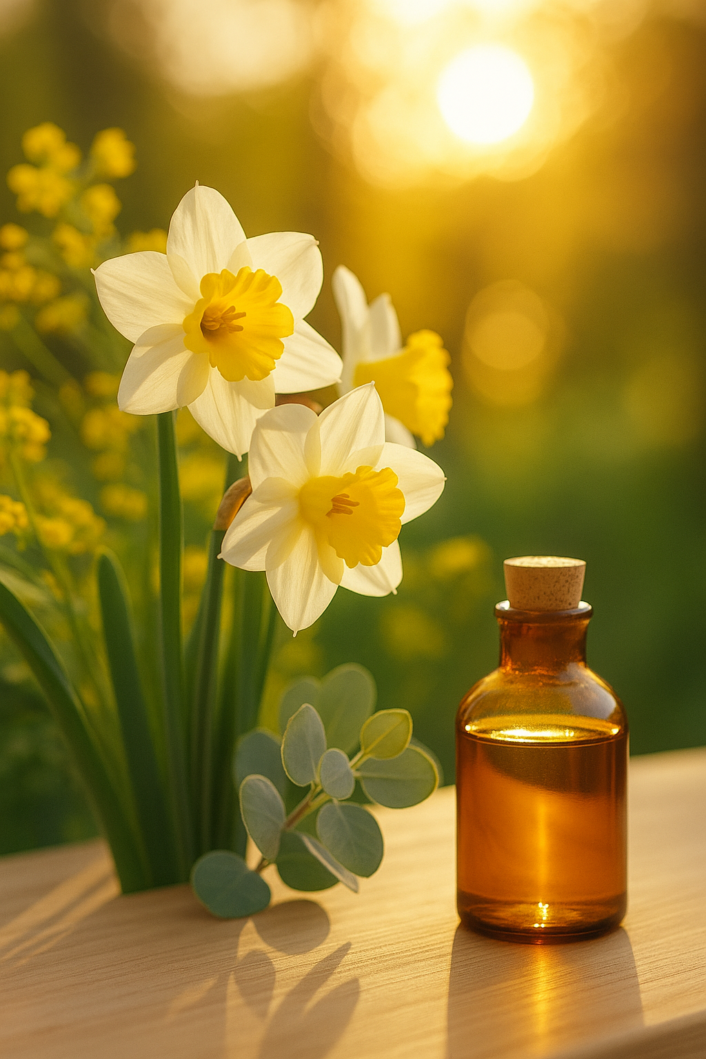 Ramo de narcisos amarillos en un entorno soleado, junto a un frasco de vidrio, reflejando el aroma de flores frescas de Luz Solar y Narcisos.