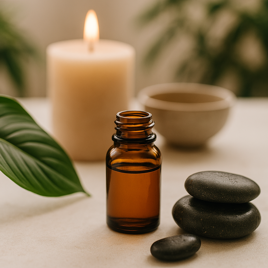 Botella de vidrio ámbar en un entorno zen con piedras, vela y hoja, evocando un ambiente ideal para disfrutar del aroma de meditación.