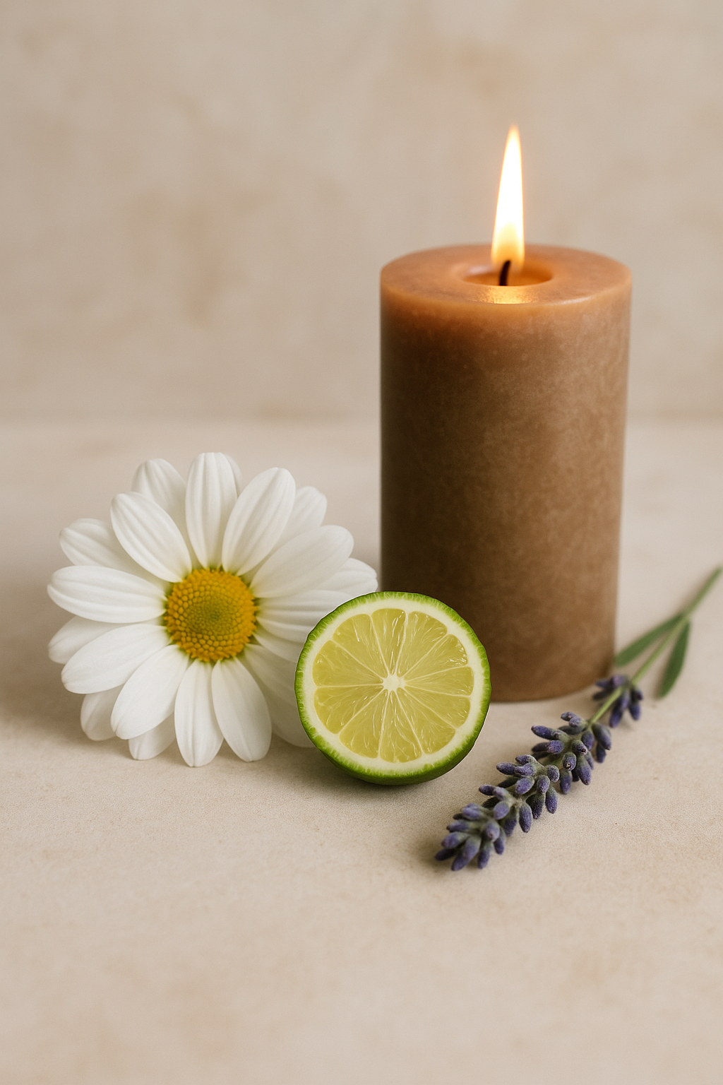 Vela encendida acompañada de flores y limón, evocando un ambiente fresco y relajante con el aroma para spa 'Bienestar'.