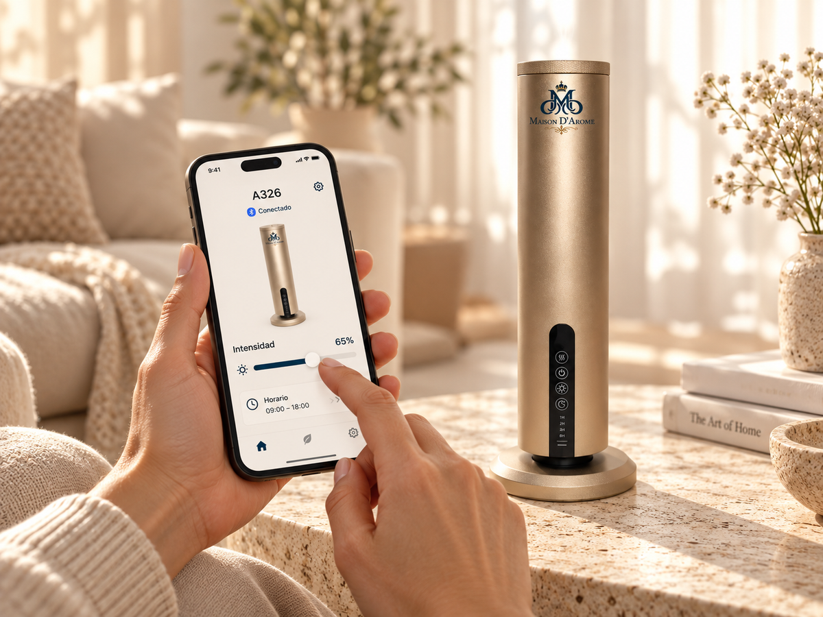 Representación de un celular configurando por Bluetooth el difusor A326 de Maison D’Arome