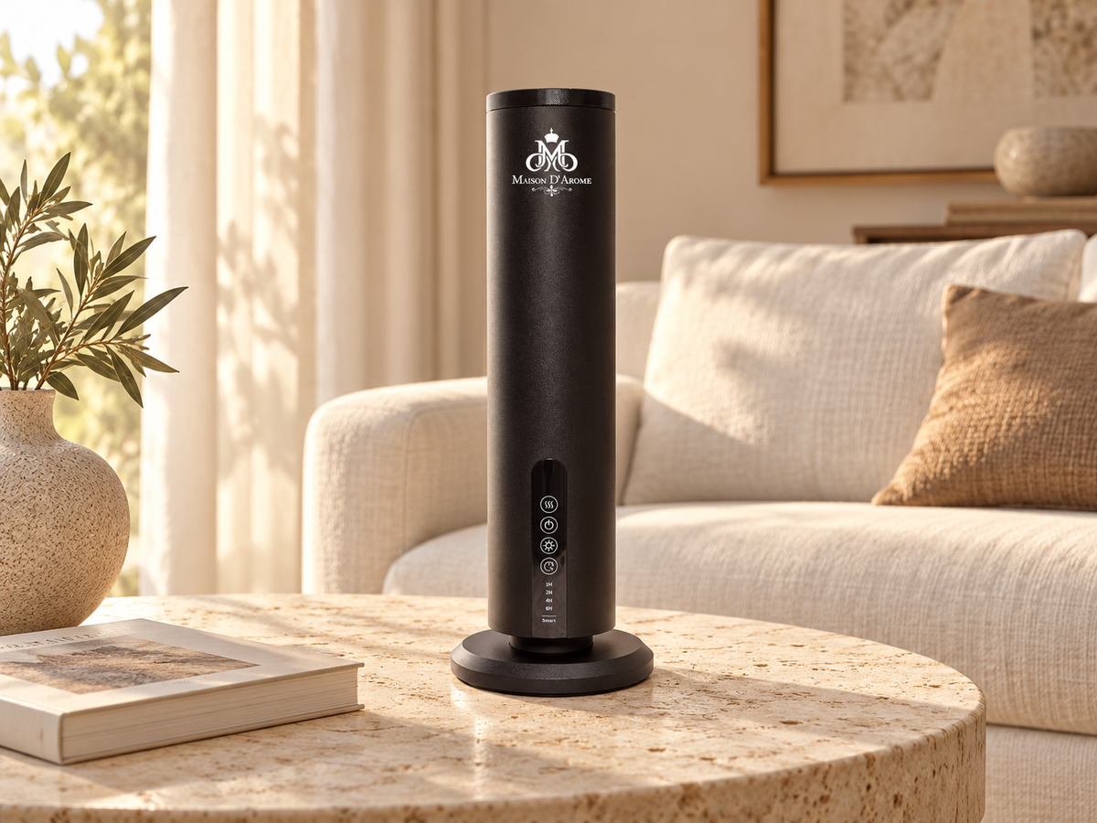 Difusor A326 negro de Maison D’Arome sobre una mesa de travertino en una sala luminosa