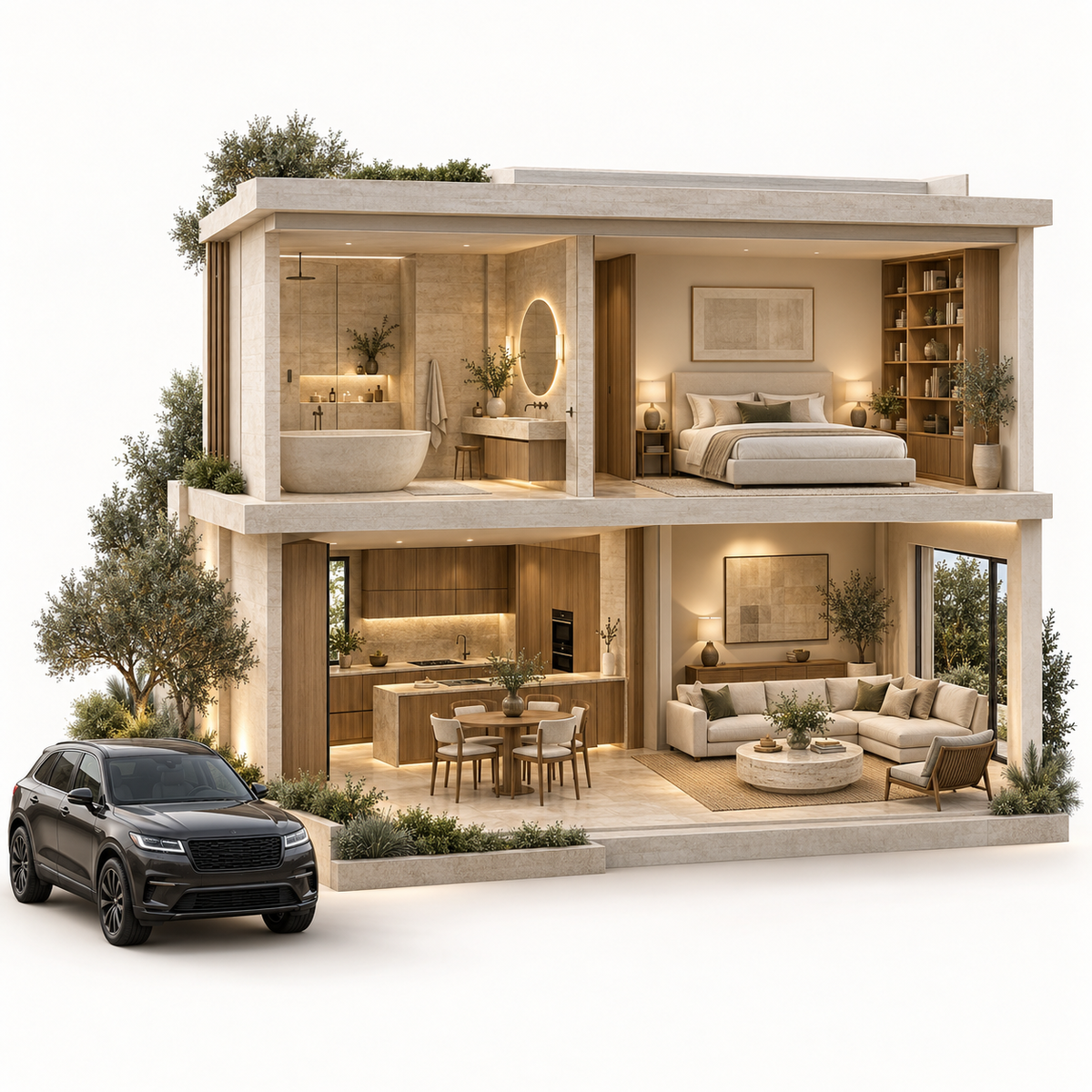 Casa abierta en perspectiva con baño, recámara, sala y automóvil