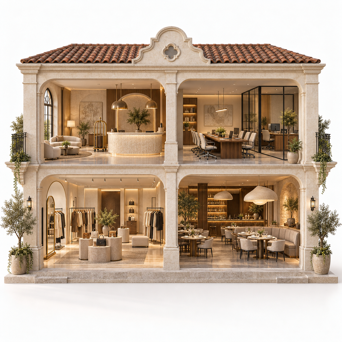 Edificio abierto en perspectiva con lobby de hotel, oficinas, boutique y restaurante