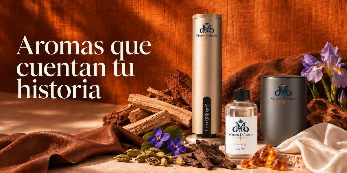 Aromas que cuentan tu historia. Difusores Maison D’Arome y aroma Santal 33 sobre un fondo cálido con flores y maderas.