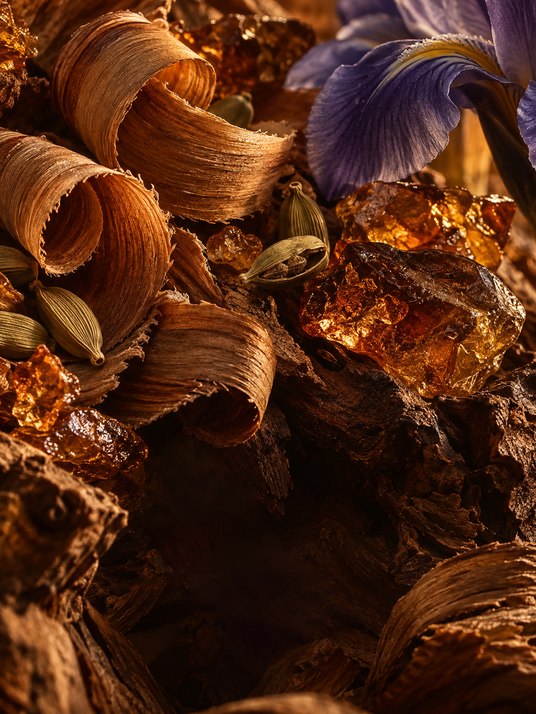 Composición sensorial de maderas, ámbar, cardamomo e iris en tonos cálidos